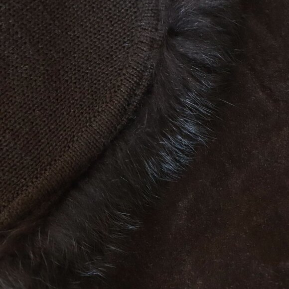 Cynthia Steffe Dark Brown Suede Leather Panel Knit Cardigan Rabbit Fur Jacket XS - Picture 5 of 6